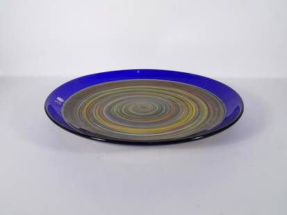 Gino Cenedese Murano Glass Charger: Gino Cenedese Murano glass charger, cobalt glass body with a multi-color swirl design applied to the center, signed on underside of base "Cenedese" and with labels "Vetro Artistico Murano" and