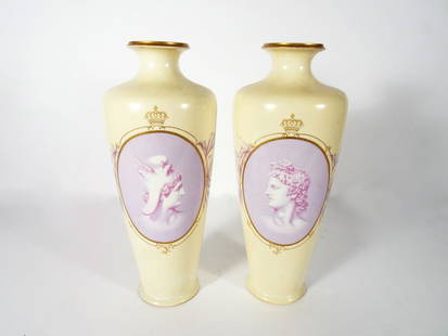 Pair of Rosenthal German Porcelain Vases: Pair of Rosenthal German porcelain Cameo pattern vases, hand painted with cartouche portraits of Greek/Roman nobility, signed on underside of base with circa 1891-1906 green Rosenthal backstamp and th