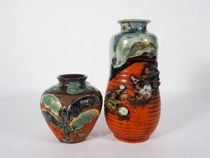 Japanese Banko and Sumida Gawa Vases: Japanese Banko Ware and Sumida Gawa ceramic vases, both are unsigned, early to mid 20th c., 5" high x 4" Banko Ware and 8 1/4" high x 4" Sumida Gawa