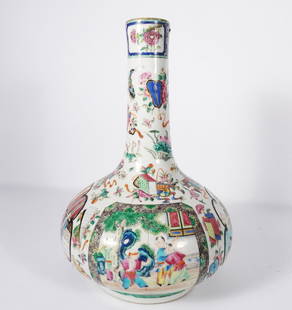 Chinese Rose Medallion Bottle Vase: Chinese Rose Medallion porcelain bottle vase, unsigned, mid to late 19th c., 13" high