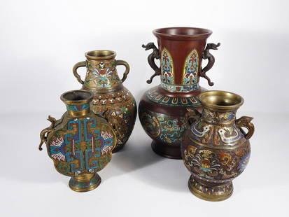 Group of Four Japanese Champleve Vases: Group of four Japanese champleve vases, early 20th c., all but 12" are signed on underside of base "Made in Japan", 9 1/2" high x 8 x 2 1/4" Chinese moon form with applied dragon form handles, 9 3/4"