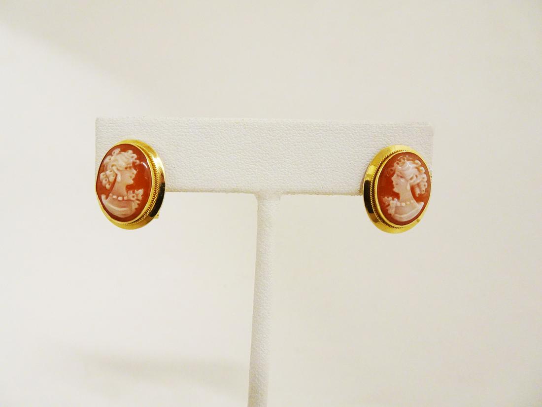 Cameo 18K Yellow Gold Earrings: Cameo 18K yellow gold earrings, 3.3 dwt, stamped: 750, pierced post with omega flip lock backs, measures: 17x15mm approx., woman in profile wearing pearl necklace