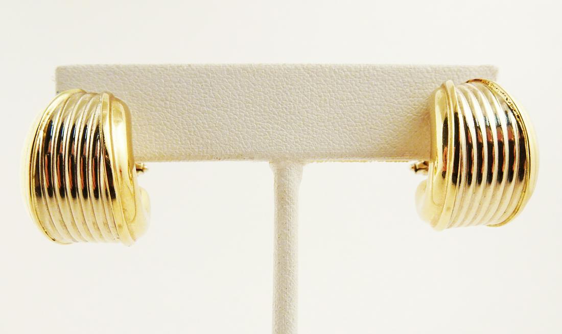 14K Yellow Gold Hoop Earrings: 14K Yellow gold hoop earrings, pierced posts/omega flip hinge back, stamped: Italy 14k R.B.E., 5.4 dwt, 20x20mm