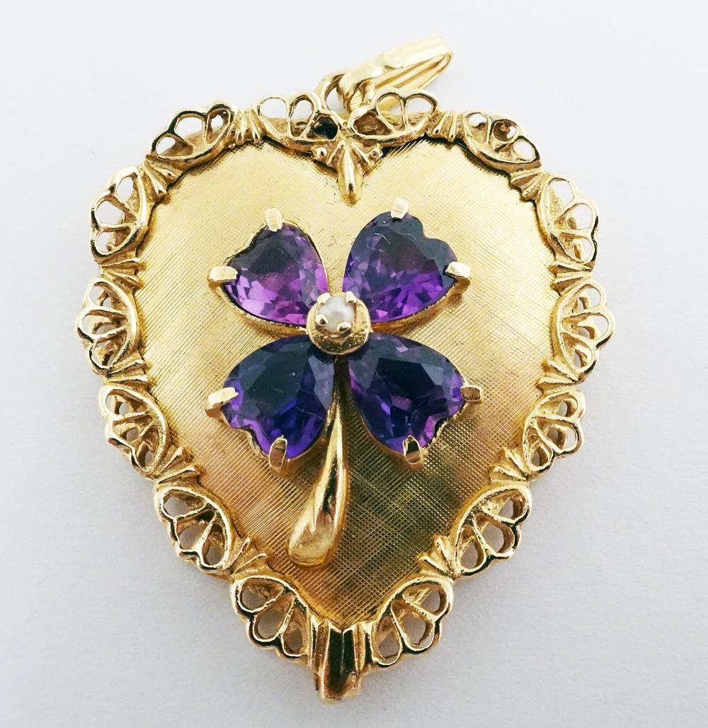 Large 14K Yellow Gold Heart and Four Leaf Clover Charm (1 of 2)