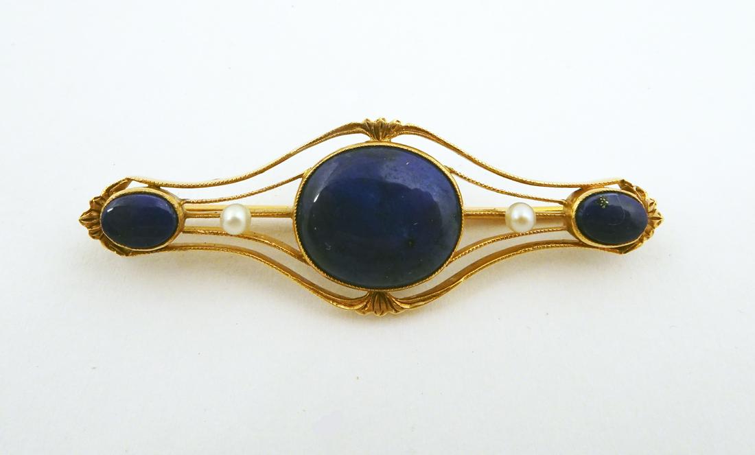 14K Gold Lapis and Seed Pearl Bar Pin (1 of 2)