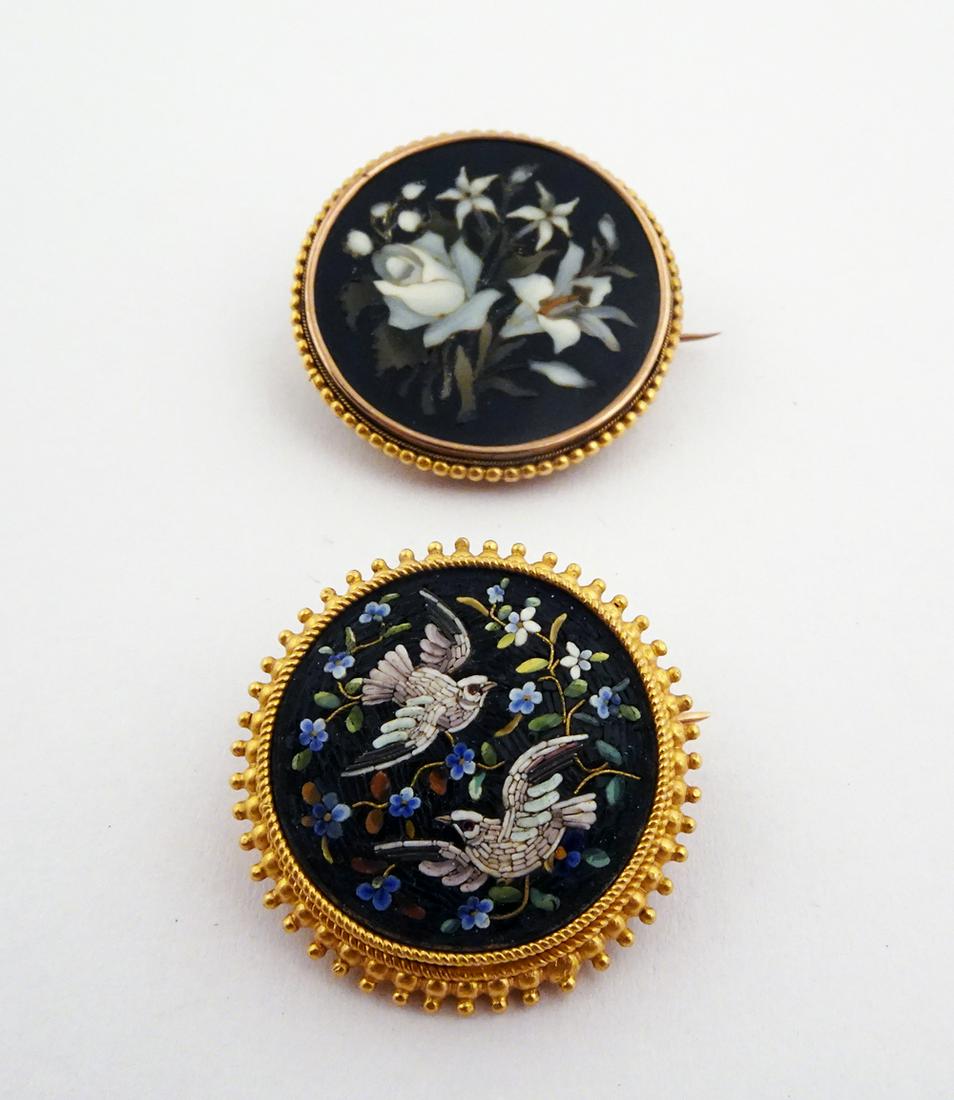14K Gold, Pietra Dura and Micro-Mosaic Pins (1 of 2)