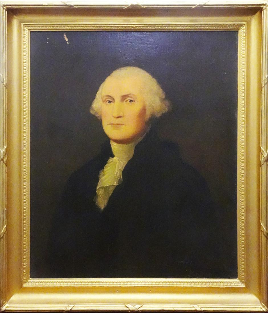After Gilbert Stuart Oil on Board: After Gilbert Stuart oil on board, George Washington portrait painting, unsigned, mid 19th c., appears to be in its original gilt wood frame, sight size 30" high x 26", frame size 36 1/4" high x 31"