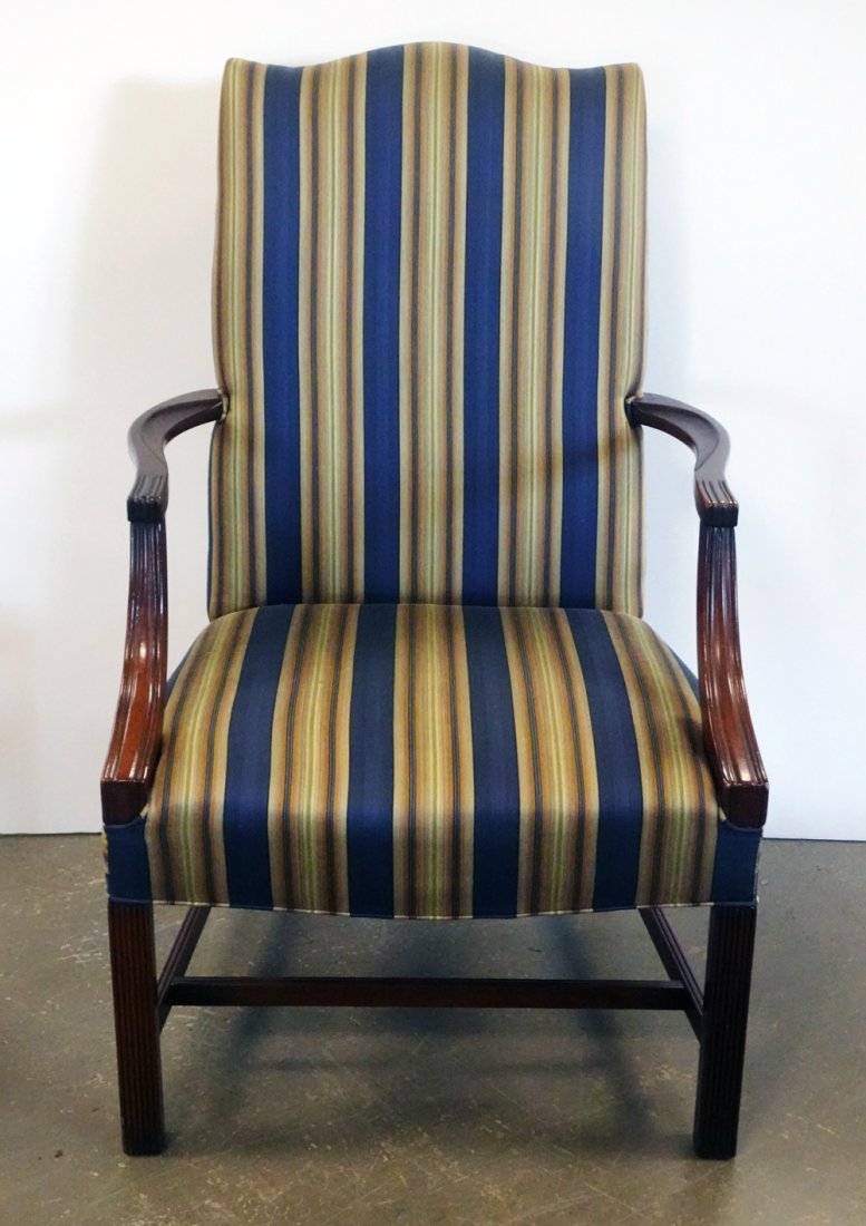 Mahogany and Upholstered Armchair: Mahogany and upholstered armchair, Bucks County Estate Traders upholstery tag on bottom, 42" high x 27" across x 25"