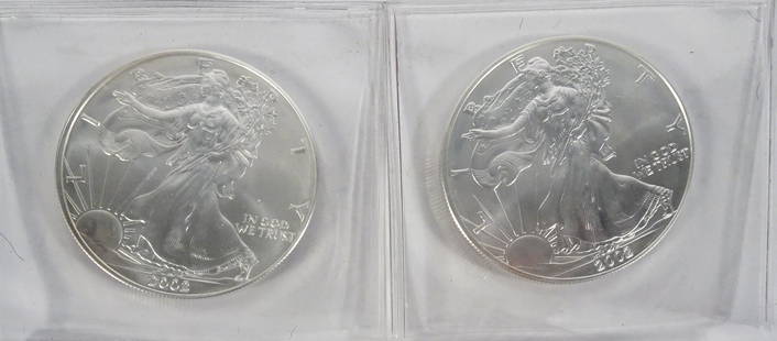 Two 2002 Silver American Eagles: Two 2002 Silver American Eagles. .999 fine silver