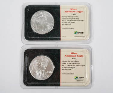 Two 2001 Silver American Eagles: Two 2001 Silver American Eagles. .999 fine silver. Littleton Coin Co.