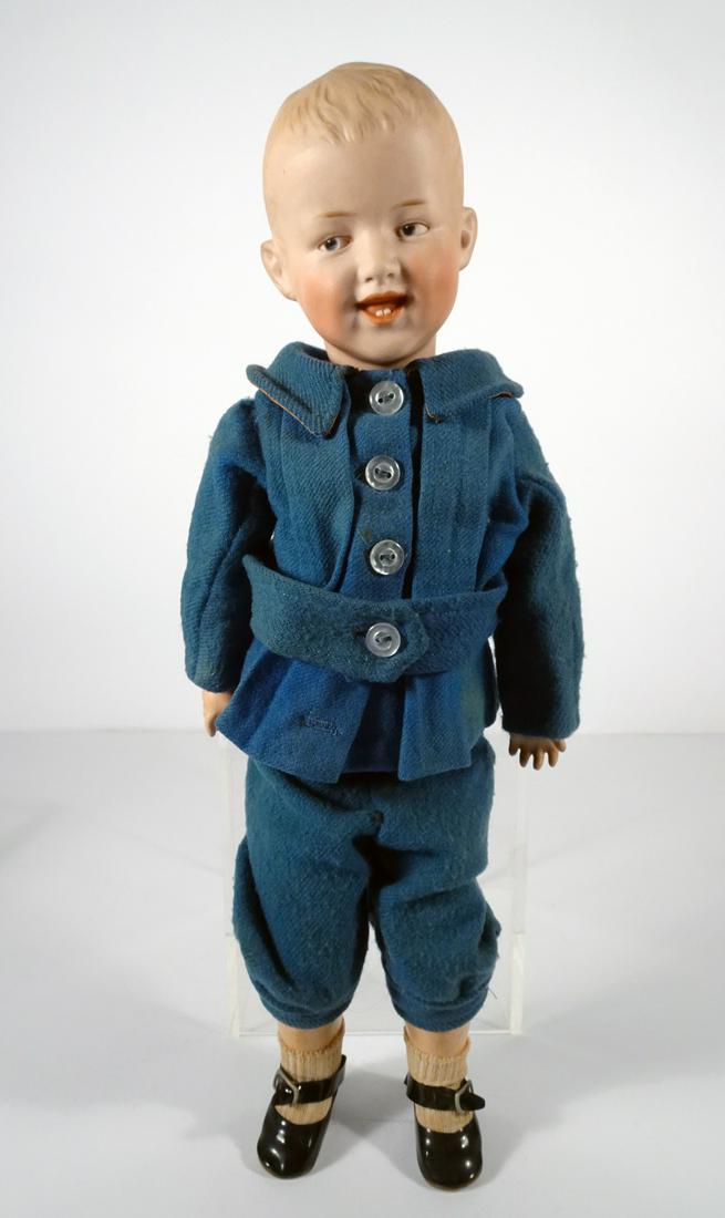 Gebruder Heubach bisque and compo character doll: Gebruder Heubach bisque and compo character doll, 15", in original wool tunic and knickers with socks and patent shoes, molded hair, intaglio eyes, painted brows, and open/closed mouth with two lower