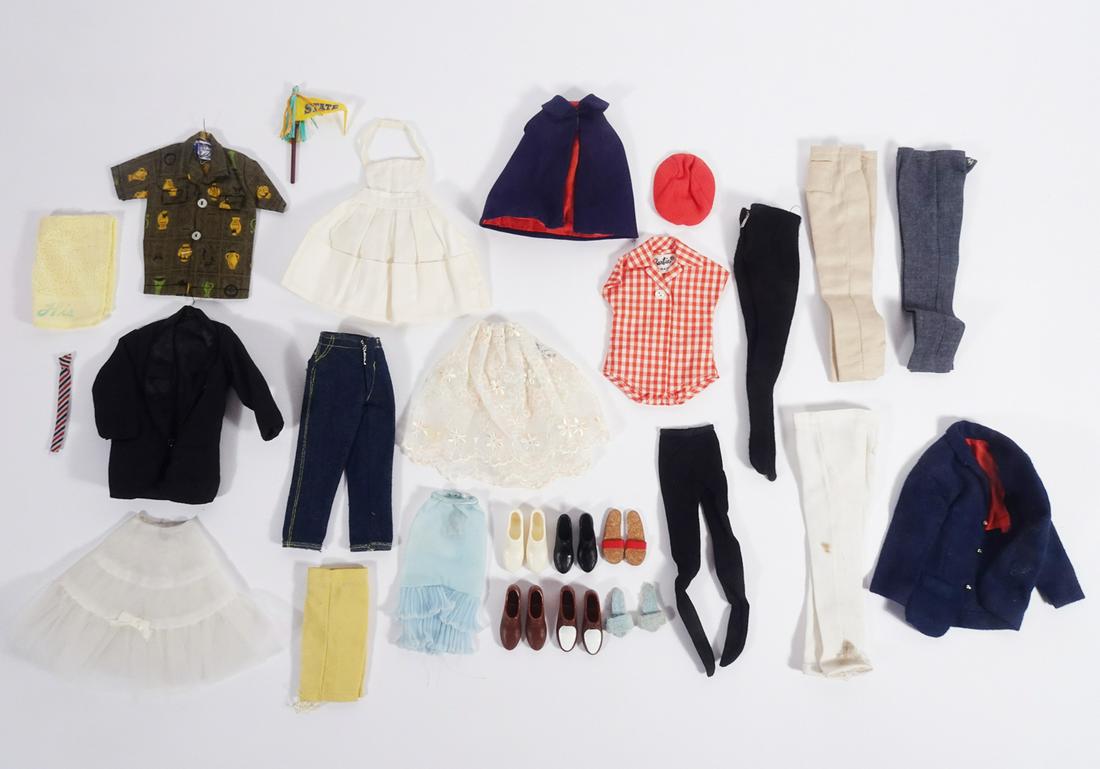 Vintage Barbie and Ken clothing: Vintage Barbie and Ken clothing, most tagged, also shoes, socks, and stand