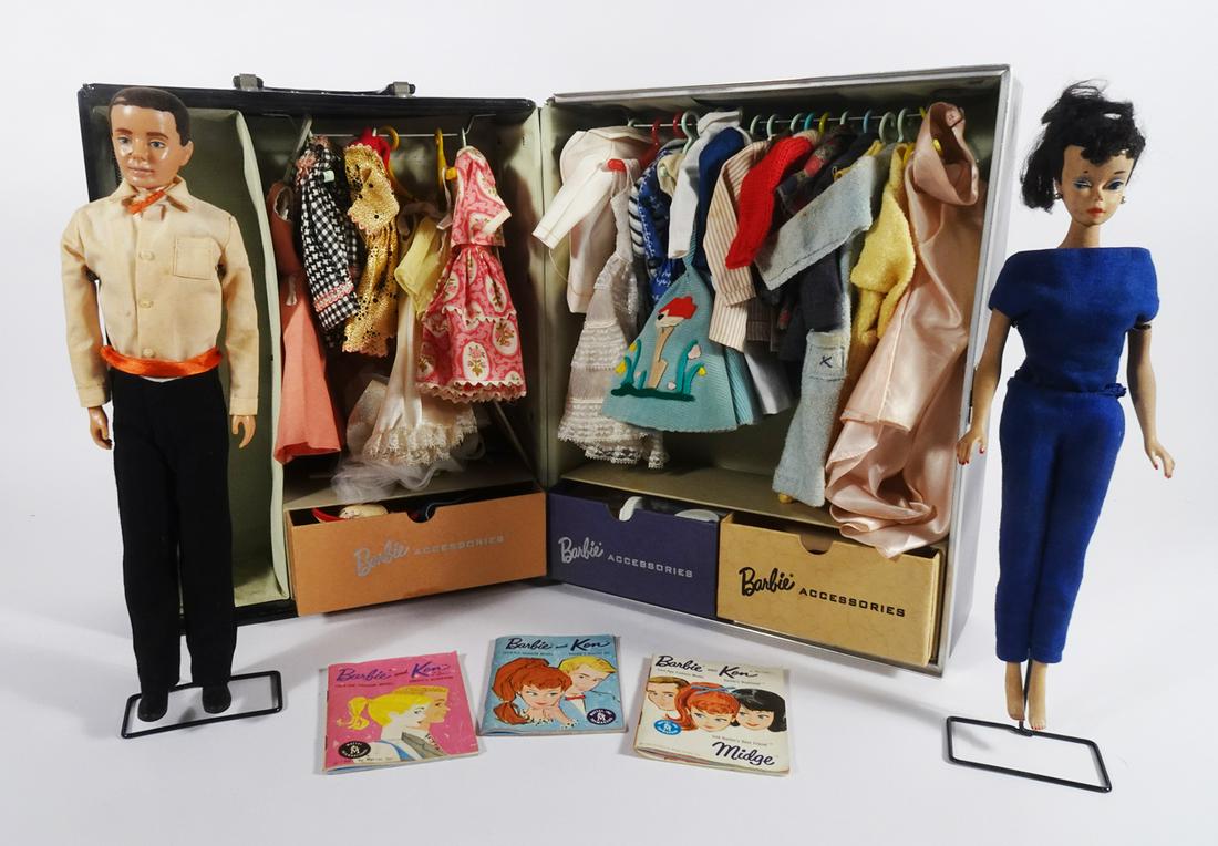 Vintage Barbie and Ken with clothing in case: Vintage Barbie and Ken with clothing in case (case dated 1961), Barbie dated 1958, Ken 1960, most clothing is tagged, with accessories, case, 13" x 10" x 7"