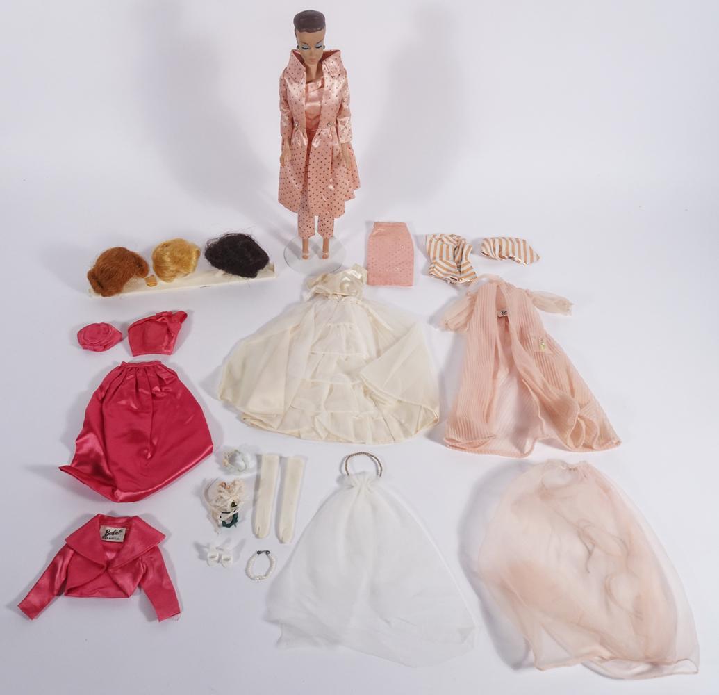 Fashion Queen Barbie with wigs in case: Fashion Queen Barbie with wigs in case, additional tagged clothing and accessories, case dated 1961, Barbie body dated 1958 (Fashion Queen was created in 1963)