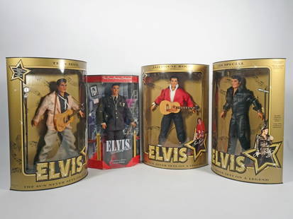 Four Elvis dolls mint in boxes: Four Elvis dolls mint in boxes, three are Commemorative Collection by Hasbro, Elvis The Army Years by Mattel, three boxes measure 15" x 11" x 4", one box 13 1/3" x 8" x 3"