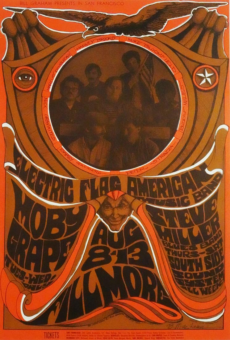 Electric Flag American Music Band Concert Poster: Electric Flag American Music Band concert poster, Bill Graham Presents BG-77, Electric Flag American Music Band, Moby Grape, Steve Miller Blues Band and South Side System, August 8-13, 1967, Fillmore