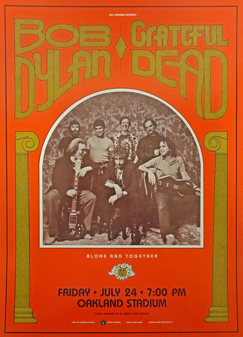 Bob Dylan/Grateful Dead Concert Poster: Bob Dylan/Grateful Dead concert poster, Alone and Together Tour, Bill Graham Presents BGP-16, July 24, 1987, Oakland Stadium, Oakland, CA., original 1st printing, Arlene Owseichik artist, 19 1/2" high