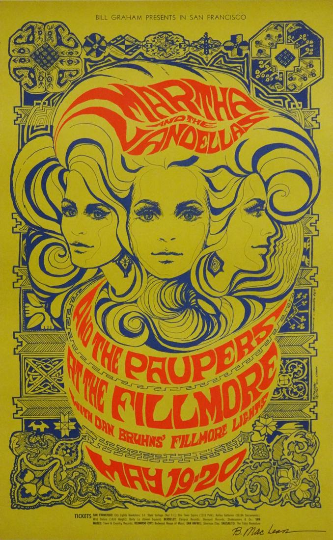 Martha and The Vandellas Concert Poster: Martha and the Vandellas concert poster, Bill Graham Presents BG-64, Martha and The Vandellas and The Paupers, May 19-20, 1967, Fillmore Auditorium, San Francisco, CA., original 1st printing, Bonnie M
