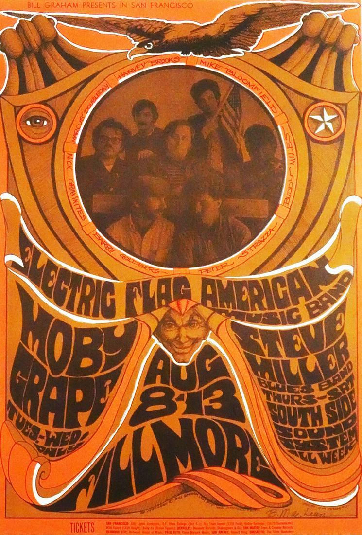 Electric Flag American Music Band Concert Poster: Electric Flag American Music Band concert poster, Bill Graham Presents BG-77, Electric Flag American Music Band, Moby Grape, Steve Miller Blues Band and South Side System, August 8-13, 1967, Fillmore