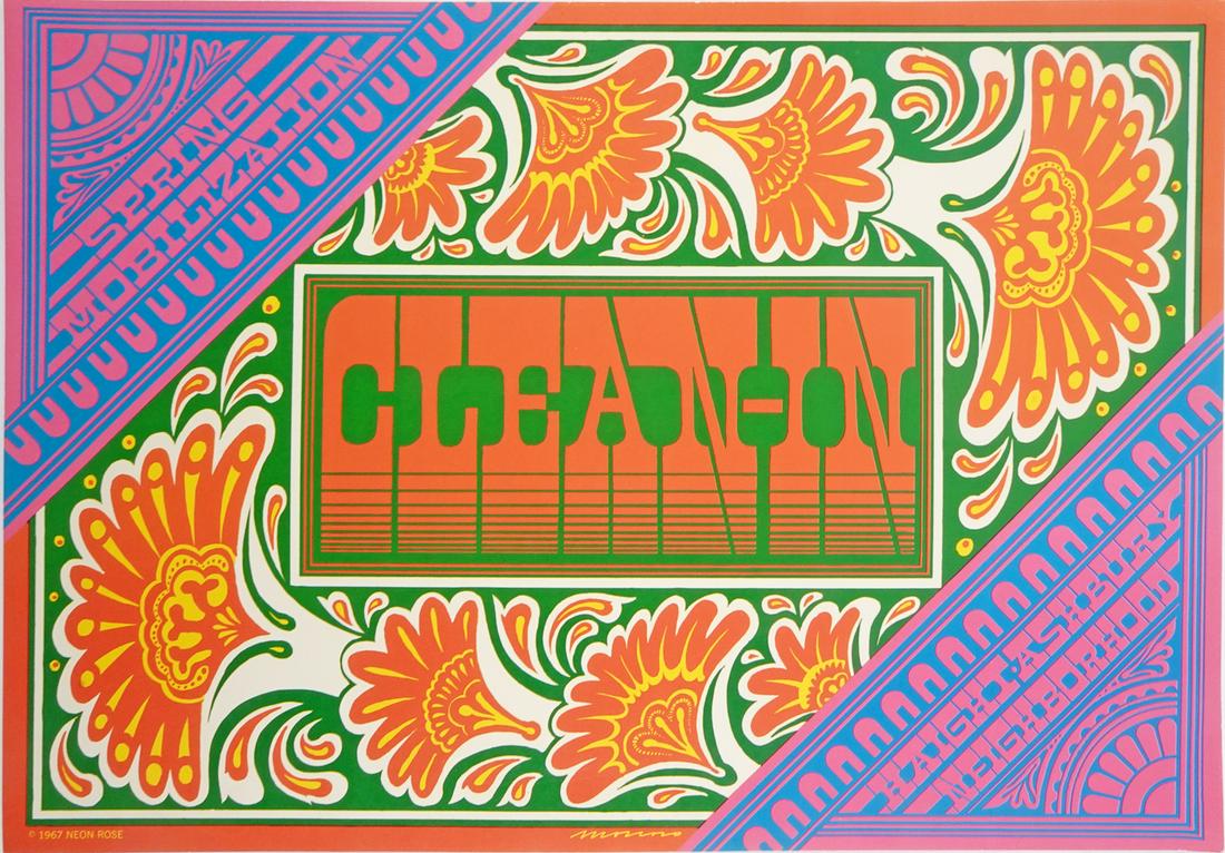 Haight Ashbury Neighborhood Clean-In Poster: Haight Ashbury Spring Mobilization Neighborhood Clean-In poster, 1967 Neon Rose original printing, Victor Moscoso artist, 20" high x 14"