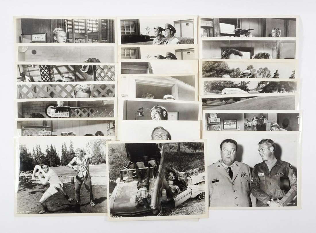 Soldier in the Rain Movie Stills: Twenty-one piece original 8" high x 10" black and white movie stills grouping from the 1963 movie Soldier in the Rain starring Steve McQueen, Jackie Gleason and Tuesday Weld