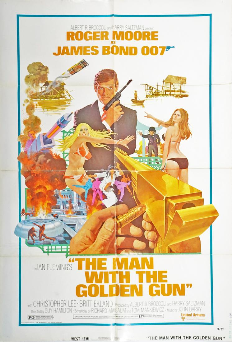 The Man With The Golden Gun Movie Poster: 1974 Ian Fleming's The Man With The Golden Gun U.S. one sheet movie poster, West Hemi version, Guy Hamilton directed James Bond 007 spy espionage action adventure fantasy thriller movie starring Roger