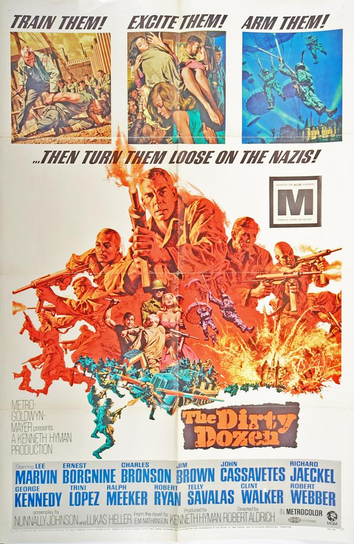 The Dirty Dozen Movie Poster: 1967 The Dirty Dozen U.S. one sheet movie poster, Mature Audience Rating version, Robert Aldrich English/U.S. World War II suicide mission action thriller movie starring Lee Marvin, Ernest Borgnine an