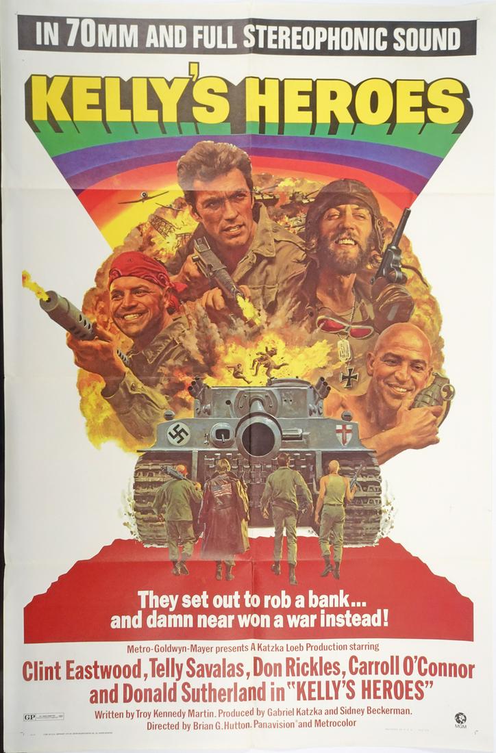 Kelly's Heroes Movie Poster: 1970 Kelly's Heroes U.S. one sheet movie poster, 70 mm style version, Brian G. Hutton directed U.S./Yugoslavian World War II military crime action comedy movie starring Clint Eastwood, Telly Savalas a