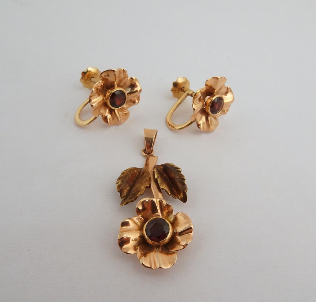 Flower 14K Rose Gold Garnet Earrings and Pendant (1 of 2)