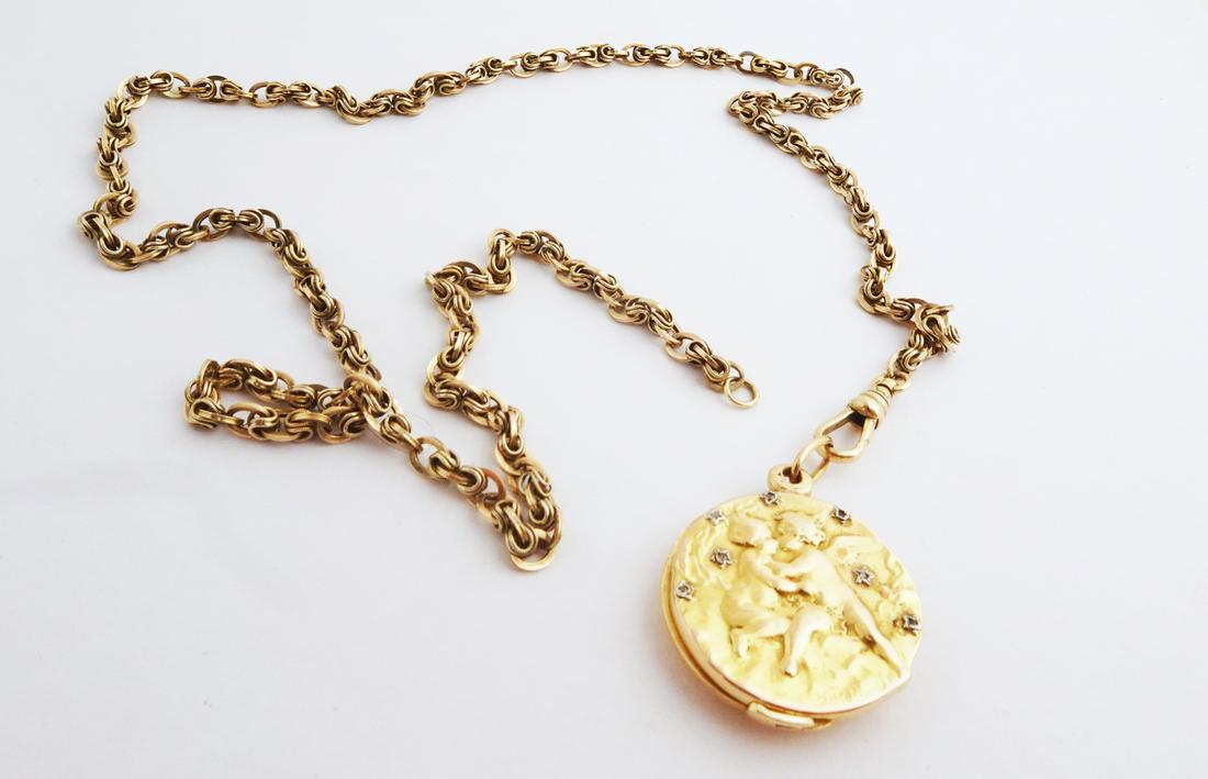 Art Nouveau 18K Gold Locket on 14K Watch Chain (1 of 3)