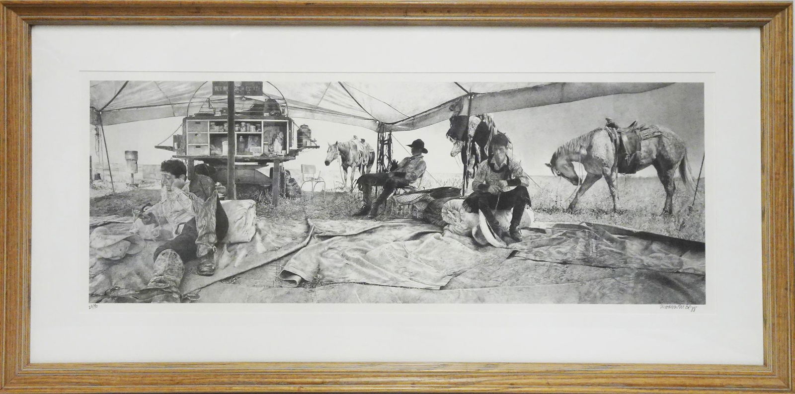 Woodrow M. Blagg Black and White Lithograph: Woodrow M. Blagg (Texas and Pennsylvania artist, 1946-active) black and white lithograph print, scene with cowboys camping, titled "Lone Star Lifestyle", signed Woodrow M. Blagg lower right, signed Wo
