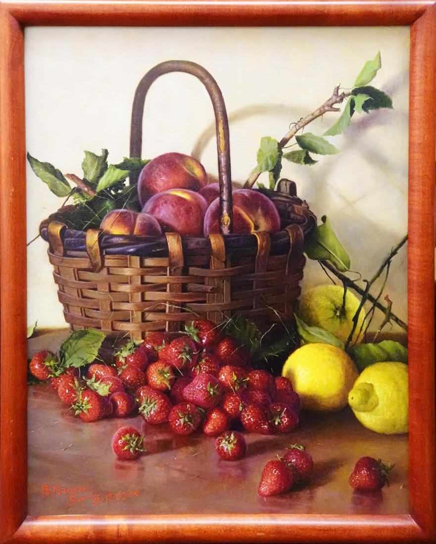 Antonio Maugeri Oil on Canvas: Antonio Maugeri (Italian artist, 1933-active) oil on canvas, untitled still life with lemons, peaches, strawberries and a basket, signed A. Maugeri GE. 12-7-2000 on front at lower left corner, sight s