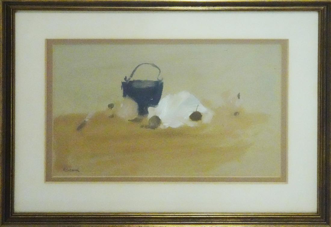 Seymour Remenick Gouache on Paper: Seymour Remenick (Pennsylvania and Michigan artist, 1923-1999) gouache on paper, untitled still life with bucket, signed REMENICK lower left, sight size 6" high x 9 3/4", frame size 10 1/2" high x 14"