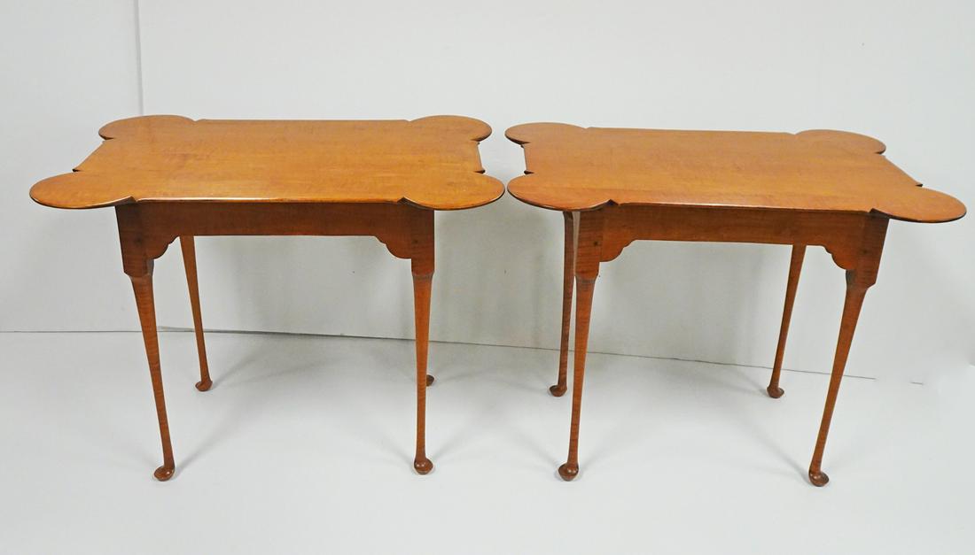 Pair of Tiger Maple Tea Tables: Pair of tiger maple tea tables, shaped tops, cabriole legs with club feet, early to mid 20th c., 26" x 33" x 23"