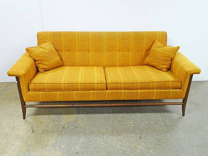 Richardson Nemschoff Mid-Century Modern Sofa: Richardson Nemschoff mid-century modern sofa, walnut frame with rattan side panels and upholstered cushions and seat, possibly designed by Lawrence Peabody, marked on underside with 1964 Richardson Ne