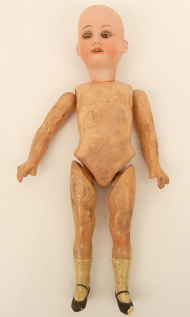 8 1/2" Armand Marseille 390 doll, bisque head, comp: 8 1/2" Armand Marseille 390 doll, bisque head, composition body, brown sleep eyes, open mouth with teeth, molded and painted shoes and socks, marked "Armand Marseille, Germany, 390, A. 11/0. M." on ba
