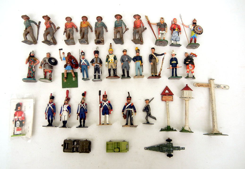 Grouping of thirty-four diecast miniature metal fi: Grouping of thirty-four diecast miniature metal figurines, some marked Britains, Rose Miniatures, Brigadier, Midge Toy, Lesney, Made in Russia and Made in Canada