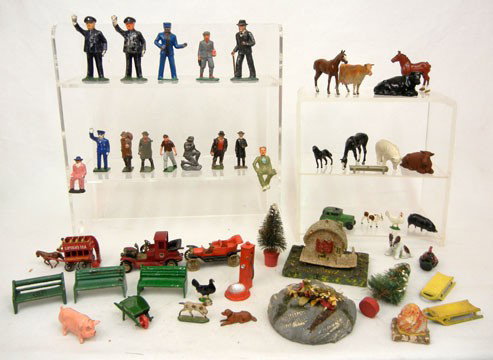 Grouping of fourty-three diecast figures, animals,: Grouping of fourty-three diecast figures, animals, and accessories, including Lesney, Barclay, and Britains