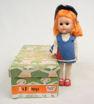 Mint in box Vogue Ginny Lil Imp in original outfi: Mint in box Vogue Ginny Lil Imp in original outfit, marked box, 8", C. 1959-60