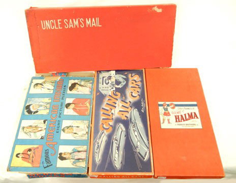 Grouping of board games and puzzles,: Grouping of board games and puzzles, including Parker Brothers "The Famous Game of Halma" and "Calling All Cars", Milton Bradley "Uncle Sam's Mail, and Famous American Indians- eight picture puzzles