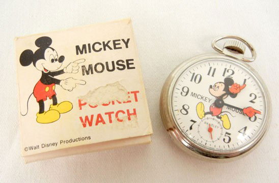 Mickey Mouse pocket watch by Bradley Time Division: Mickey Mouse pocket watch by Bradley Time Division, in original box, 2"