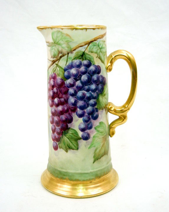 Limoges hand painted pitcher, grape bunches and lea: Limoges hand painted pitcher, grape bunches and leaves, marked J.P.L. France on bottom, 12"