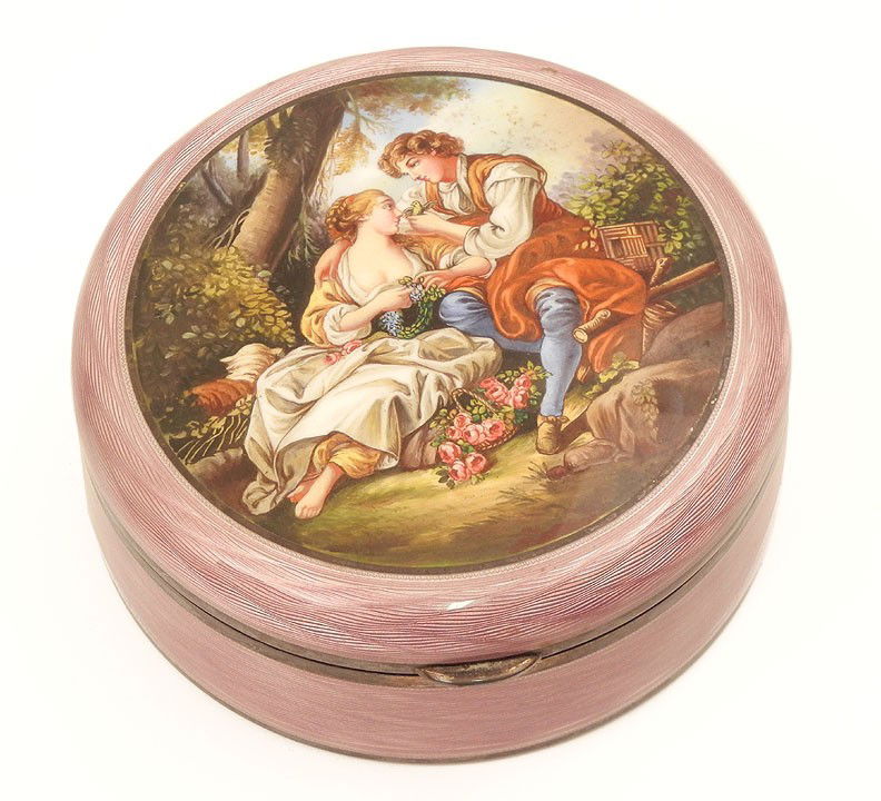 Austrian sterling silver powder box with lavender: Austrian sterling silver powder box with lavender guilloche enameling and hand painted courting scene on lid, beveled mirror inside lid, gold wash interior, late 19th to early 20th C., 1 3/8" high x 3