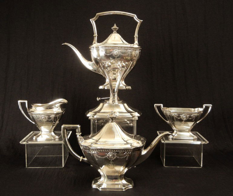 W.D. Smith Silver Co electroplated nickel silver f: W.D. Smith Silver Co electroplated nickel silver four piece tea service "Adam" including teapot, creamer, sugar and swing kettle on stand