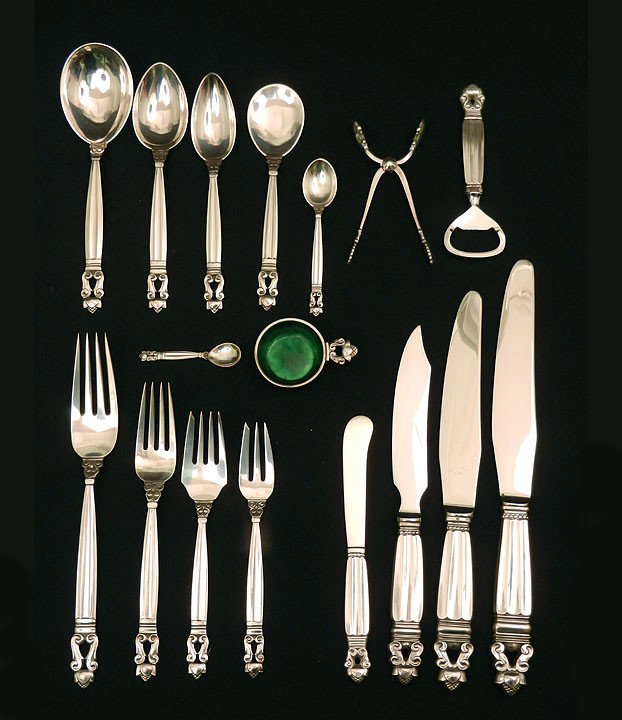 Set of Georg Jensen sterling silver flatware "Acor: Set of Georg Jensen sterling silver flatware "Acorn", two hundred and one piece set, service for fourteen, (no monograms) including (14 each) 9 7/8" dinner knives, 9 1/8" knives, 7 7/8" dinner forks, 