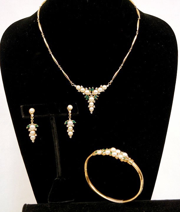 Gold, pearl, emerald and diamond suite includes ne: Gold, pearl, emerald and diamond suite includes necklace, bracelet and earrings, necklace measures 15 1/2" long, center drop is 1 1/8", set with nine half pearls measuring between 5-6 mm in diameter, 