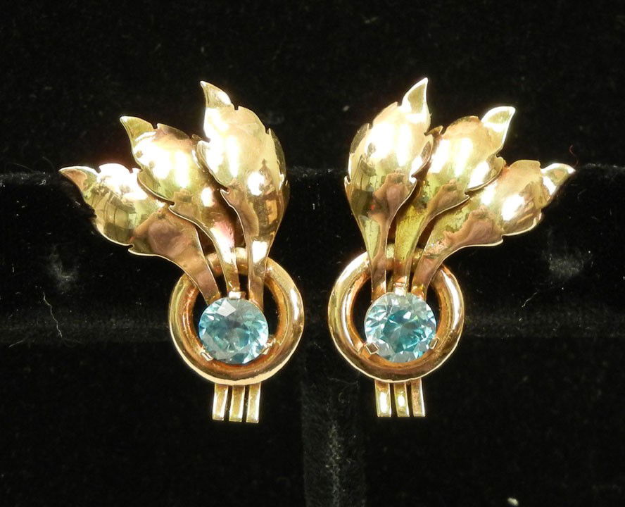 Retro gold and blue zircon earrings, screw back ea: Retro gold and blue zircon earrings, screw back earring measure 1 1/8" long, set with round, prong set blue zircons measuring 6mm in diameter, marked 14K, weight 8.0 grams/5.1 dwt, C. 1950