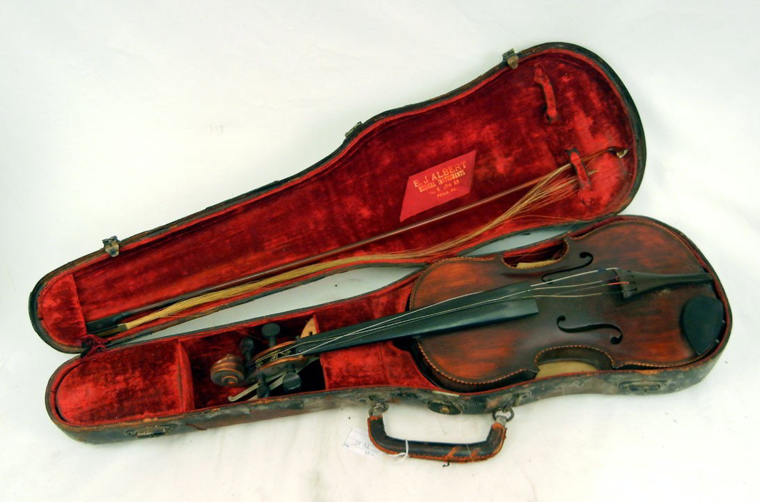 E.J. Albert violin and bow in case, inlaid purflin: E.J. Albert violin and bow in case, inlaid purfling on violin, additional ephemera, violin accessories, paper label inside violin, 24" long, case 30 1/2" long