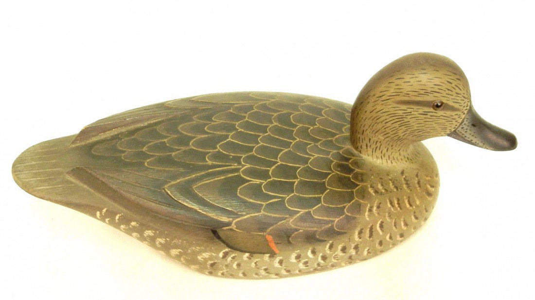 D.W. Nichol duck decoy, Female Green Wing Teal sig: D.W. Nichol duck decoy, Female Green Wing Teal signed D.W. Nichol, Smiths Falls, Ont. (Ontario), 4 1/2" x 11", mid 20th C.