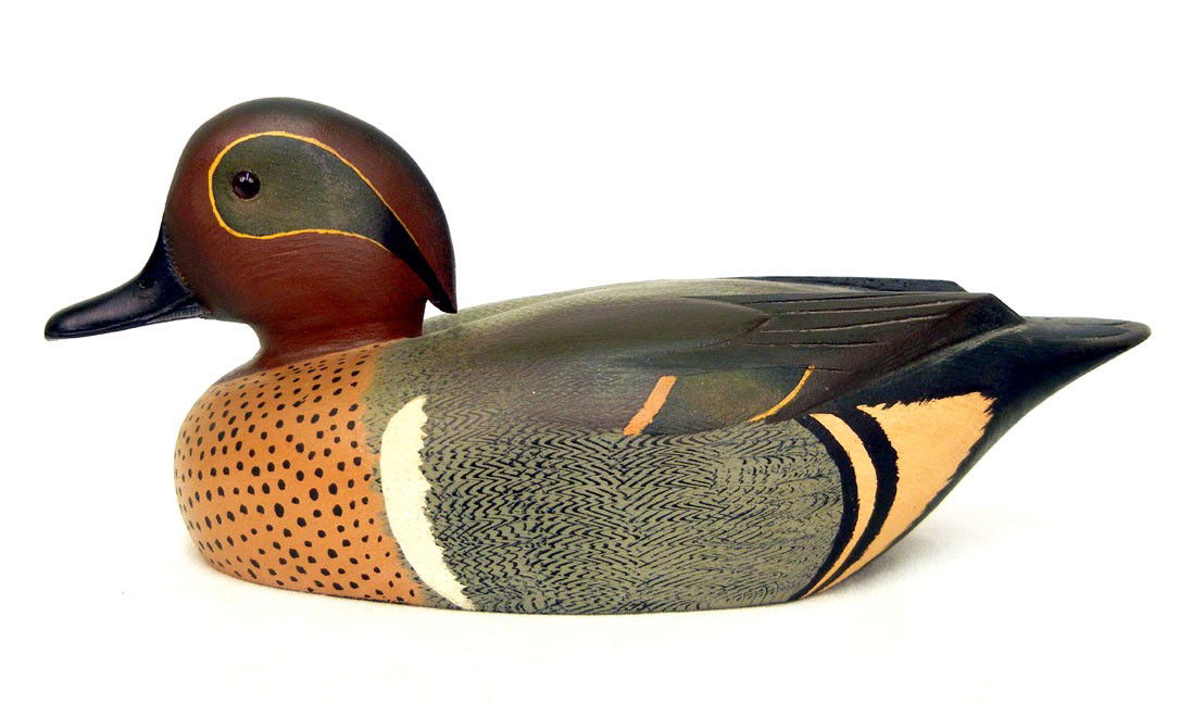 D.W. Nichol duck decoy, Male Green Wing Teal signe Jan 01, 2012 Stephenson's Auction in PA